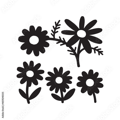 A collection hand drawn daisy flowers element isolated silhouette vector design. 