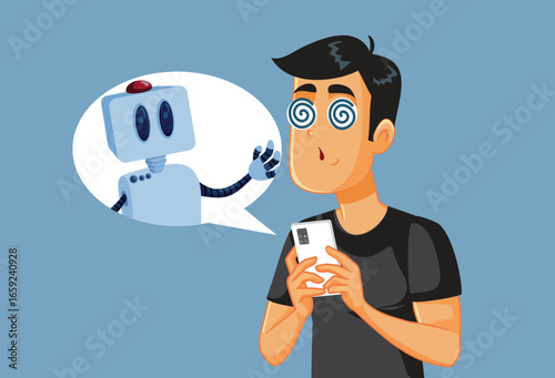 Man Suffering from AI Psychosis Vector Cartoon Character. Person chatting with a bot being delusional and having mental health problems 

