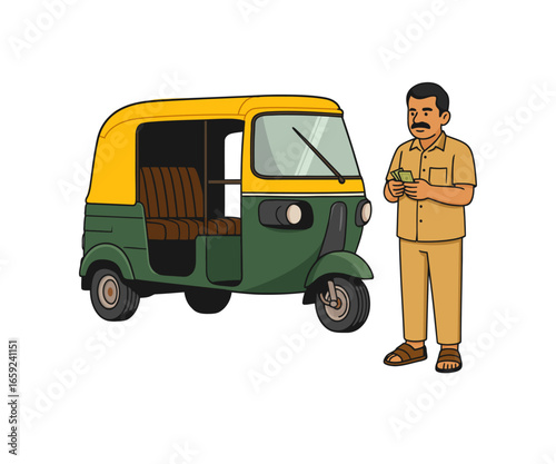 Green-yellow auto-rickshaw with driver counting money after a ride. Urban transport, meter fare and daily livelihood theme. Simple isolated vector for finance stories and mobility apps.
