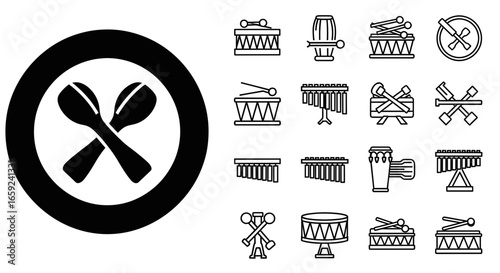 A collection of percussion instrument icons, featuring a prominent circular maracas symbol and a set of line art drums and xylophones.