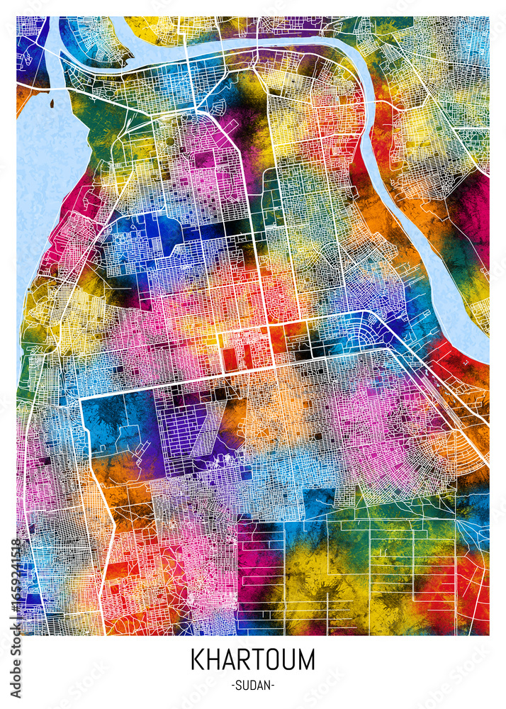 Obraz premium Khartoum Sudan City Map. city background abstract printable travel art banner, modern city background watercolor paint, urban art
