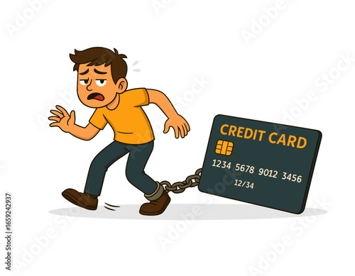 Debt trap concept: worried man chained to an oversized credit card, trying to run but dragged by interest. Clean isolated vector for personal finance stress, overspending and EMI burden.