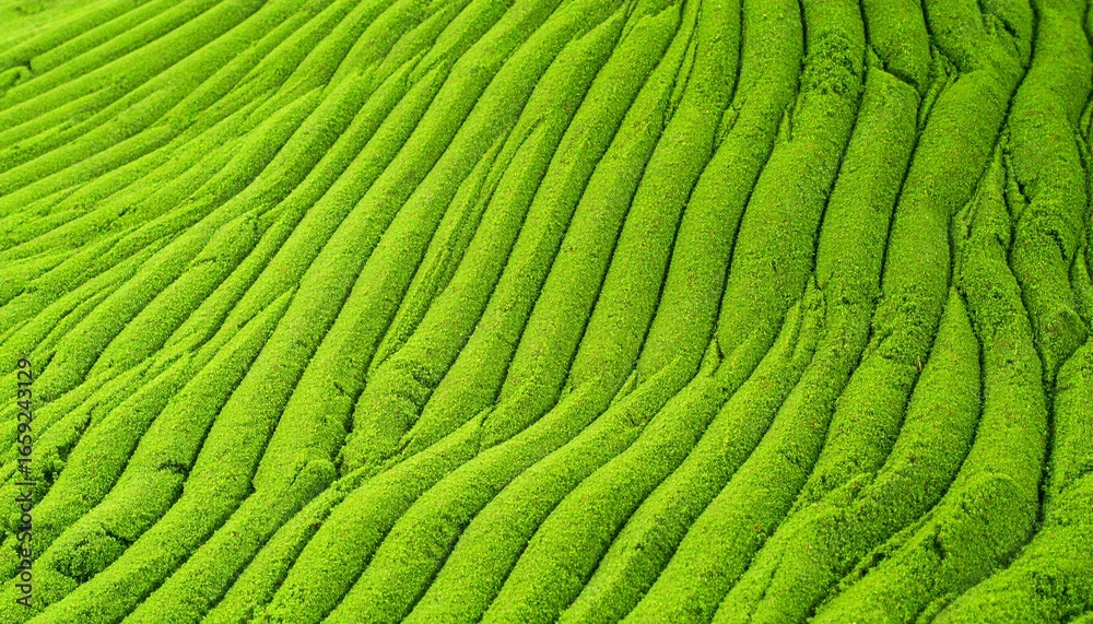 Fototapeta premium A detailed top-down view of vibrant green superfood powder, meticulously raked into a mesmerizing wavy landscape pattern
