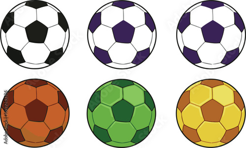 Assortment of six soccer balls with varied colors and panel designs on a white background football sport