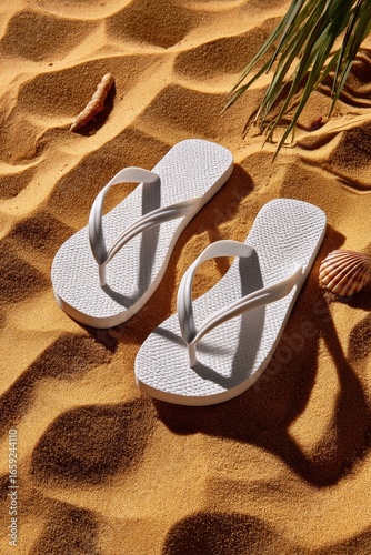 a pair of flip-flops resting in warm golden sand