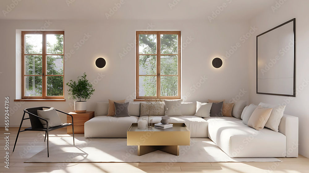 Fototapeta premium Bright modern living room with comfortable sectional sofa large windows and natural light creating a welcoming ambiance