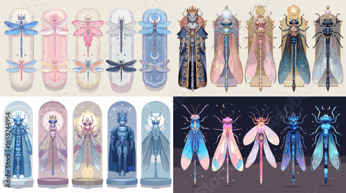 Magical insect-themed fantasy characters with wings and glowing costumes. Colorful and elegant concept art perfect for fantasy stories, games, and character design inspiration.