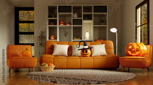 Halloween themed living room with pumpkins and playful decor 3D render illustration