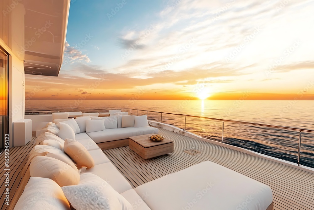 Fototapeta premium Luxury yacht deck with comfortable seating at sunset overlooking the calm ocean
