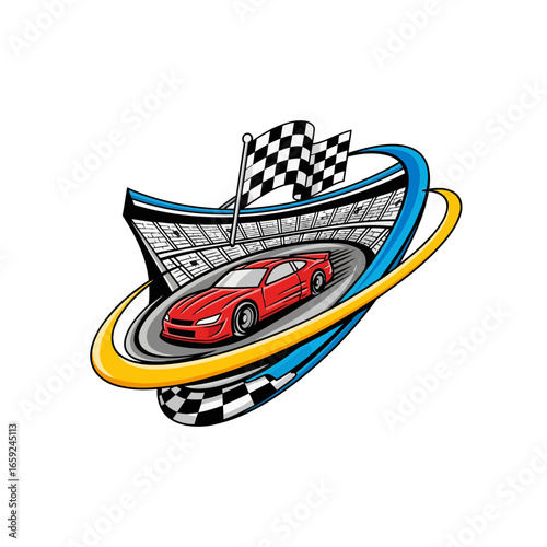 A vibrant vector illustration of a stock car racing logo. The minimalist design, with a sleek car, checkered flags, and stylized track, perfectly captures the excitement of motorsport.