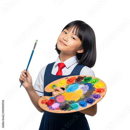 A schoolgirl in uniform holds a paint palette and a brush smiling gently on white or transparent background
