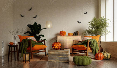 Halloween celebration interior decor featuring pumpkins and cozy seating. 3D render illustration