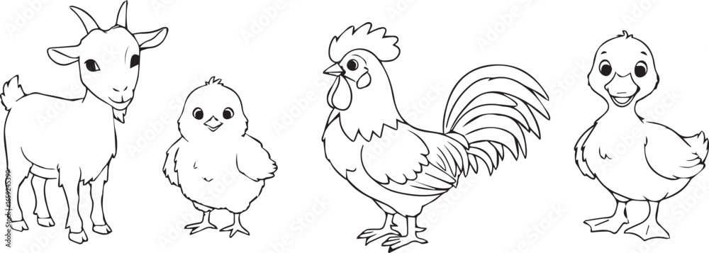 Fototapeta premium Black and White Outline Drawing of Farm Animals Goat Chick Rooster Duck cartoon illustration