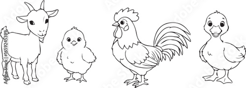 Black and White Outline Drawing of Farm Animals Goat Chick Rooster Duck cartoon illustration