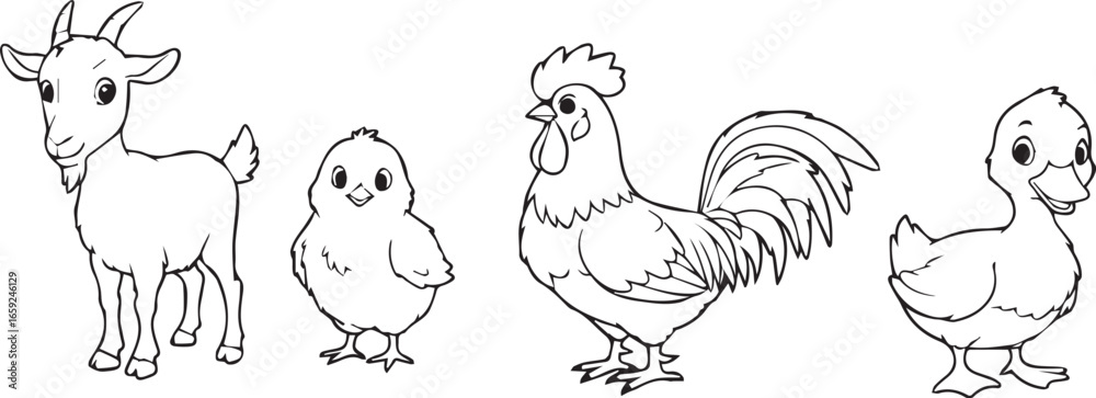 Fototapeta premium Cartoon Farm Animals Line Art on White Background Goat Chick Rooster Duck illustration