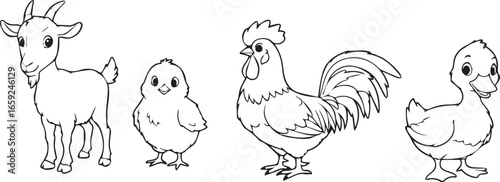Cartoon Farm Animals Line Art on White Background Goat Chick Rooster Duck illustration