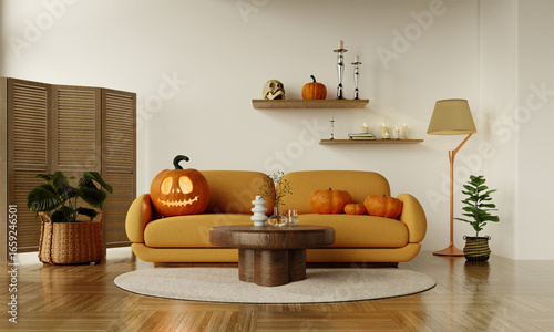Halloween home decor with pumpkins and bat decorations. 3D render illustration