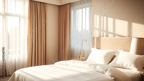 A serene hotel bedroom bathed in morning sunlight, featuring a neatly made bed and soft tones.