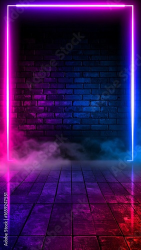 Neon glowing rectangular frame in dark room