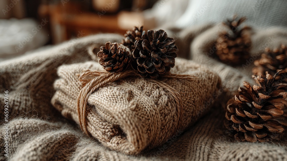 Fototapeta premium Cozy knitted bundles with pine cones