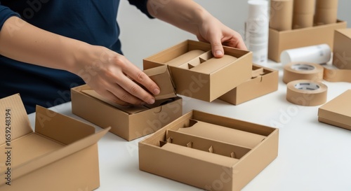 Woman Assembling Sustainable Cardboard Packaging Boxes for E-commerce Shipping