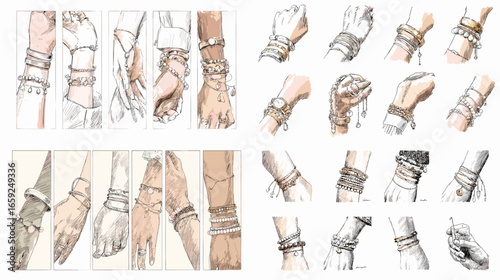 Elegant hand-drawn sketches of women’s hands wearing stylish bracelets, watches, and rings. Minimal fashion art illustration perfect for jewelry design and fashion branding visuals.