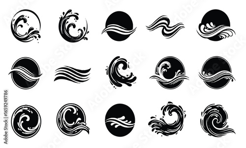Set of stylized black wave icons in a traditional Japanese art style, featuring a collection of sea and ocean symbols, water splashes, and swirl design elements for logos. Vector illustration.
