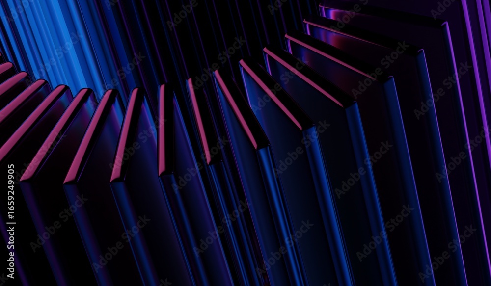 Fototapeta premium Black 3D background with abstract crystal pattern, glass chromatic cube block shapes render, neon light holographic gradient and blue purple caustic effect. 3D illustration