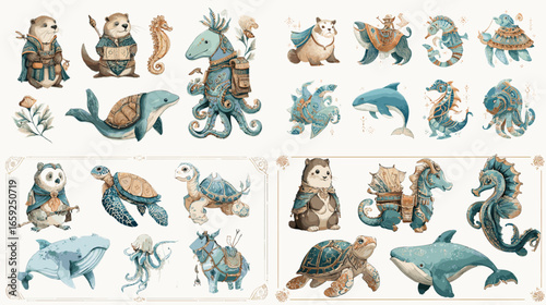 Cute marine fantasy characters including turtles, dolphins, otters, and seahorses. Charming illustration in oceanic tones perfect for children’s books, games, and creative projects.