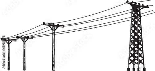 Combination of utility poles and a large transmission tower with power lines electricity infrastructure