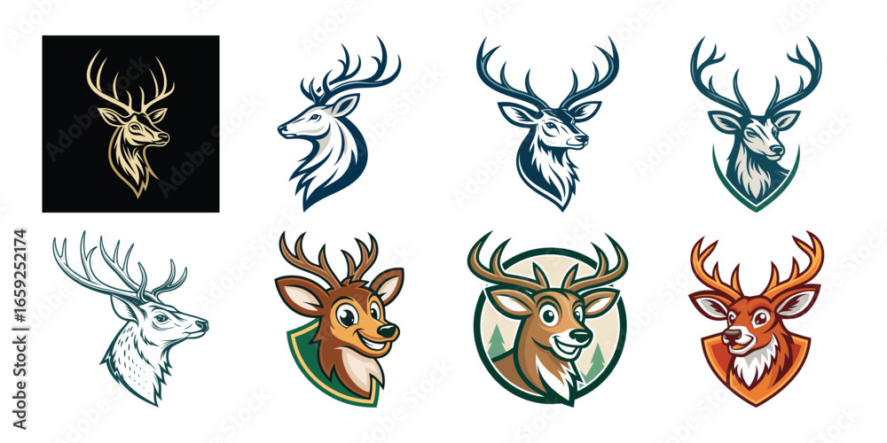 Fototapeta premium deer head silhouette vector collection with antlers isolated black hunting emblem design for badges tattoos and logos 