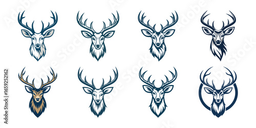 deer head silhouette vector collection with antlers isolated black hunting emblem design for badges tattoos and logos
