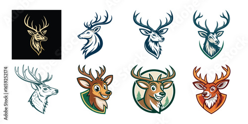 deer head silhouette vector collection with antlers isolated black hunting emblem design for badges tattoos and logos
