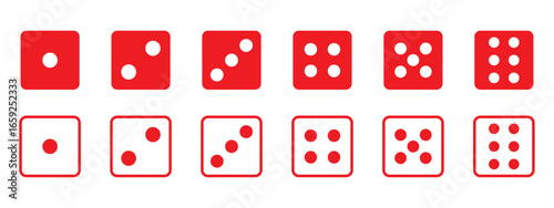 Dice graphic icons set. Red, white game dice cubes from one to six dots. Gambling objects to play in casino, poker. Six faces of cube. Traditional die with numbers of dots from 1 to 6. Vector 