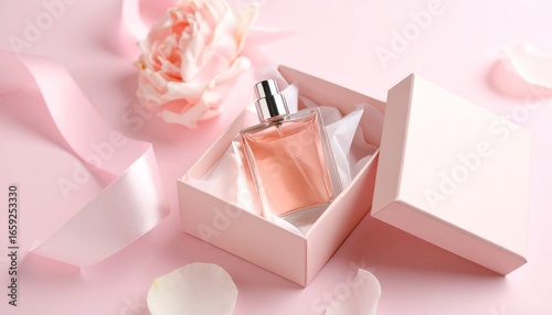 An elegant bottle of women's perfume resting in a soft pink gift box, adorned with a delicate ribbon and a fresh flower for a special occasion