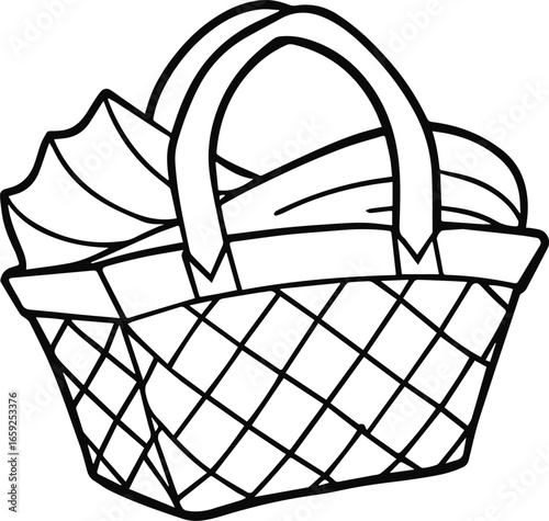 Picnic basket line art vector, simple black and white illustration