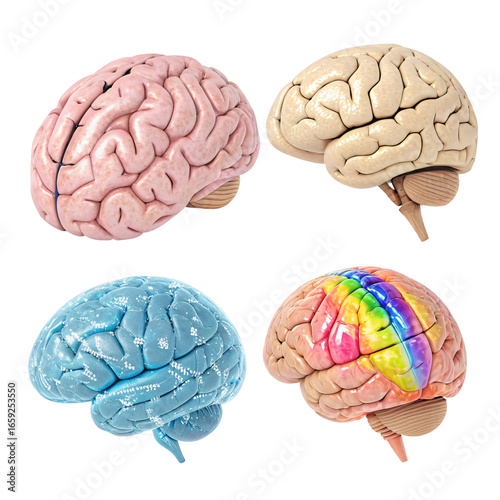 Human Brain Anatomy 4 Views of Neurological Structure Isolated On Transparent Background