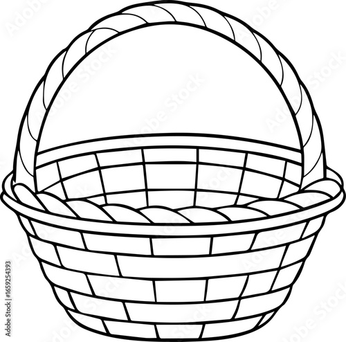 woven basket with a thick braided handle line art vector, simple black and white illustration