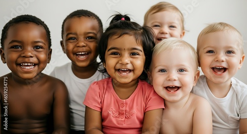 Diverse group of happy babies and toddlers laughing together, close-up portrait