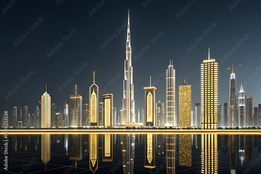Fototapeta premium A night view of Toronto and Dubai skylines reflecting on the river, with a skyscraper and city buildings, is an urban travel landmark