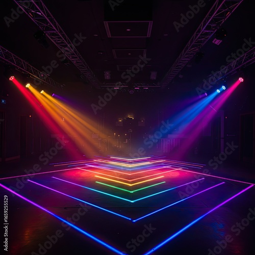 Rainbow stage lighting display in dark venue
