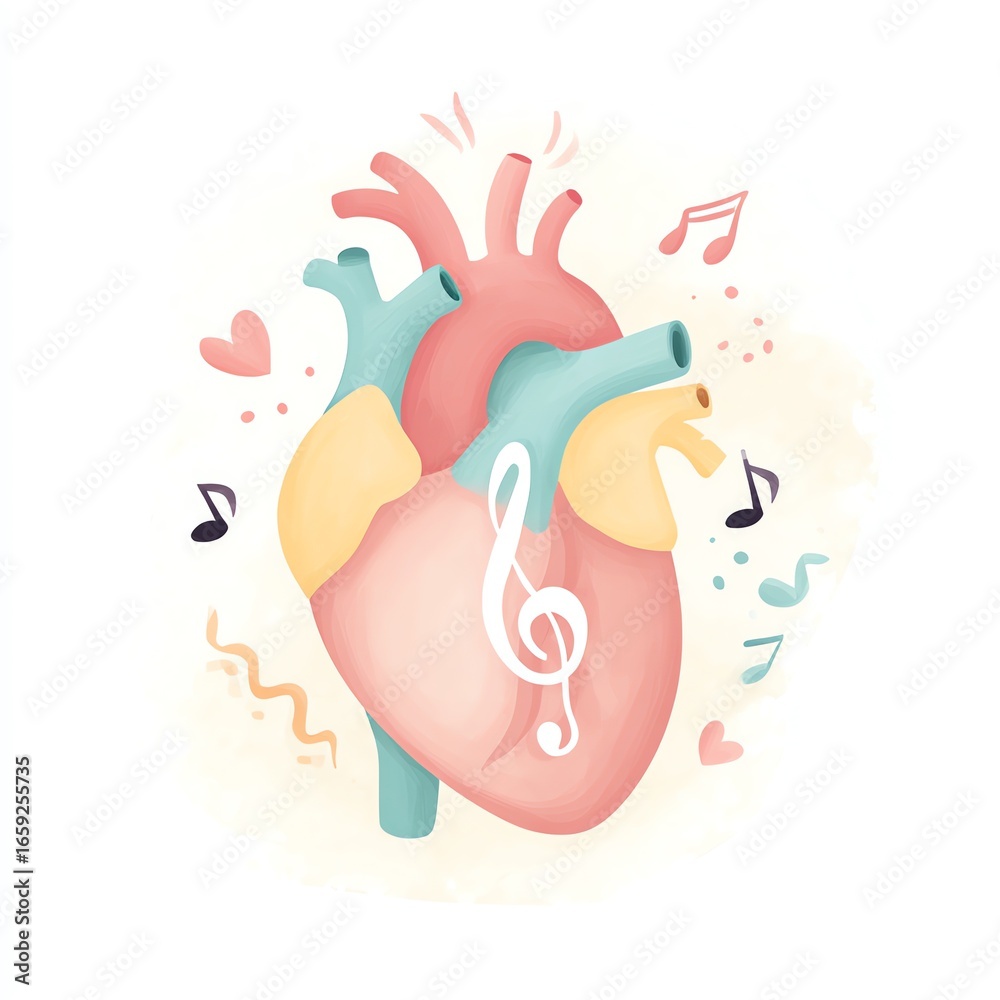 Obraz premium A whimsical illustration of a human heart adorned with musical notes, symbolizing the rhythm of life and love.
