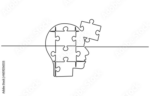 Continuous one line drawing of two puzzle pieces, Two connected puzzles line art. Jigsaw pieces continuous one line drawing. Vector isolated on white.