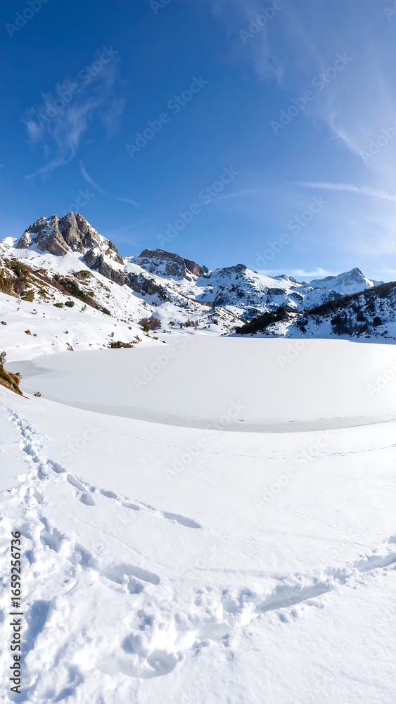 Frozen lake nestled in snowy mountains under a clear sky Frozen lake nestled in snowy mountains under a clear sky