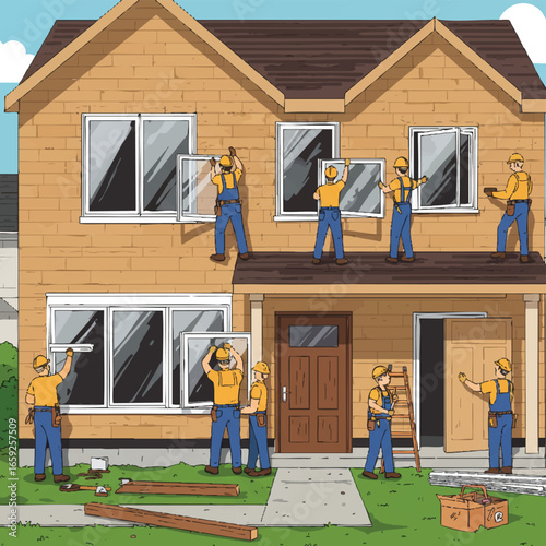 Skilled construction workers are actively installing windows and performing various building tasks on a residential house, illustrating comprehensive home renovation projects.