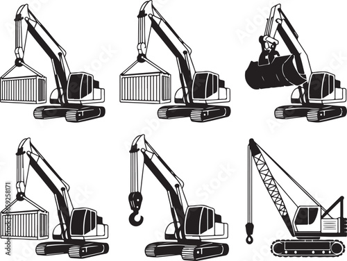 Excavator and Crane Construction Equipment Vector Illustration Set