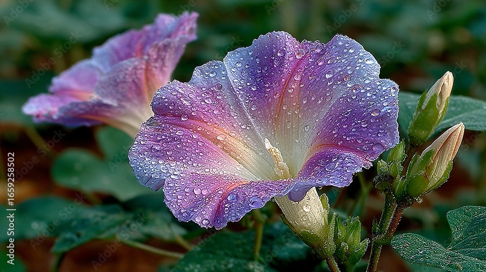 Fototapeta premium Macro Photography of Purple Morning Glory with White and Pink Center, Surrounded by Fresh Green Foliage and Soft Sunlight 