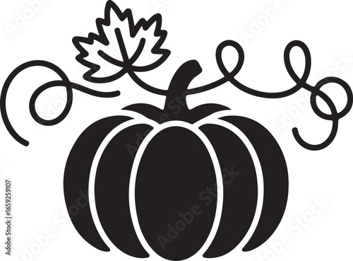 A black and white illustration of a pumpkin, a quintessential symbol of the autumn season. The design is simple and features the pumpkin with a stem, a single stylized leaf, and curling vines.