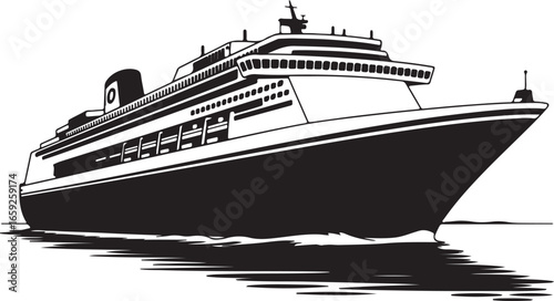 A bold, black and white illustration of a large cruise ship. The vector art style depicts the vessel moving forward, showcasing its tiered decks and funnels