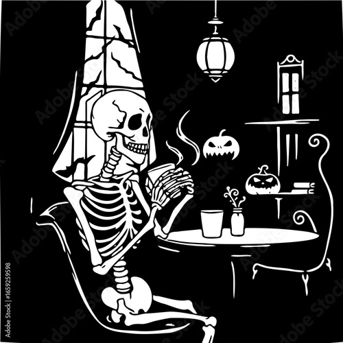 skeleton drinking coffee in a cozy cafe, black and white silhouette, halloween theme, simple vector style